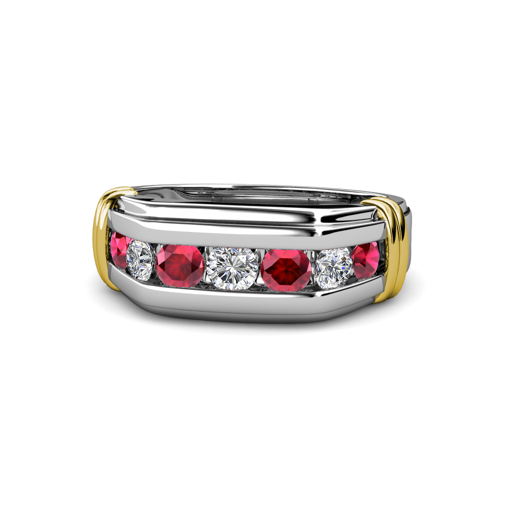 Brad Round Ruby and Diamond 7 Stone Men Wedding Ring (8.5 mm) 
